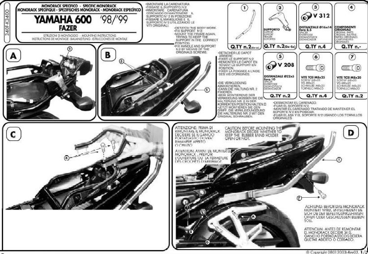 Крепления кофра KAPPA (без площадки) Yamaha FZS 600 Fazer (98-03) K3400