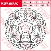 Тормозной диск передний KAWASAKI ZX-7R/RR '96-'02, ZXR 750 '91-'95, ZX-9R '94-'04, ZZR 1100 '93-'01, ZX-12R '00-'03, ZZR 1200 '02-'05, VN 1500/1600 MEAN STREK '02-'05, SUZUKI VZ 1600 MARAUDER '04-'05 (320X61X5MM)   TRW LUCAS MSW216RAC