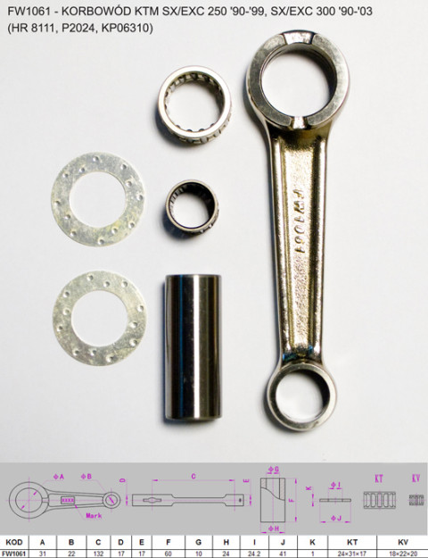 Шатун KTM (2T) SX 250 (SX250) '90-'99, EXC 250 (EXC250) '90-'99, SX 300 (SX300) EXC 300 (EXC300) '90-'03 FLYWAY FW1061