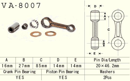 Шатун KAWASAKI KX 60 (KX60) '85-'04, KX 65 (KX65) '00-'17, SUZUKI RM 60 (RM60) '03, RM 65 (RM65) '03-'05 VESRAH VA-8007