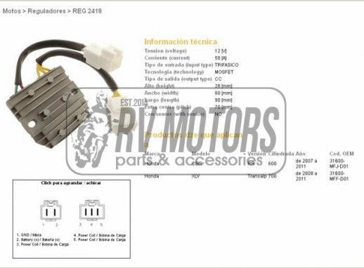 Регулятор напруги HONDA CBR600RR 07-11, XL700V TRANSALP 08-11 DZE ELEKTRYKA 2418-01