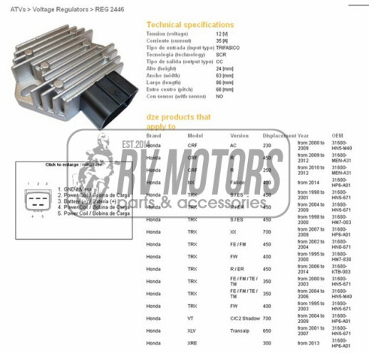 Регулятор напруги HONDA XL650V 01-07, TRX350/400/450/700 DZE ELEKTRYKA 2446-01