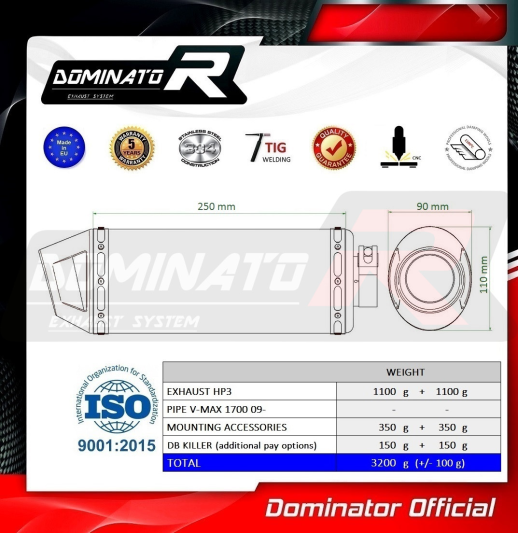 Прямоток DOMINATOR YAMAHA V MAX V-MAX 1700 HP3 2009 - 2019