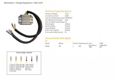 Регулятор напряжения HONDA XR 250L '91-'96 (12V/20A) DZE ELEKTRYKA 2478-01