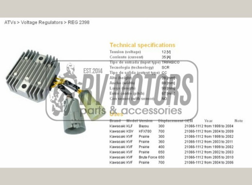 Регулятор напруги KAWASAKI KVF300/360/400/650/700, KFX700 DZE ELEKTRYKA 2398-01
