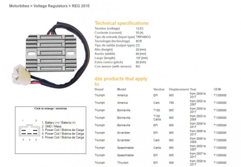 Регулятор напряжения TRIUMPH AMERICA 790/865 '02-'17, BONNEVILLE 865 '02-'17, SCRAMBLER/SPEEDMASTER 865 '02-'17, TT 600 '00-'03 DZE ELEKTRYKA 2510-01