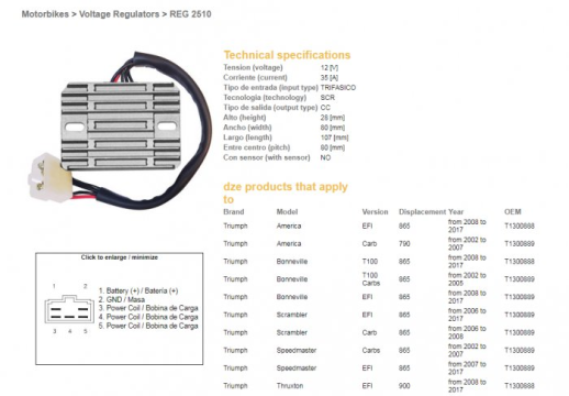 Регулятор напруги TRIUMPH AMERICA 790/865 '02-'17, BONNEVILLE 865 '02-'17, SCRAMBLER/SPEEDMASTER 865 '02-'17, TT 600 '00-'03 DZE ELEKTRYKA 2510