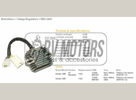 Регулятор напруги HONDA CBR1100XX 99-00 DZE ELEKTRYKA 2403-01