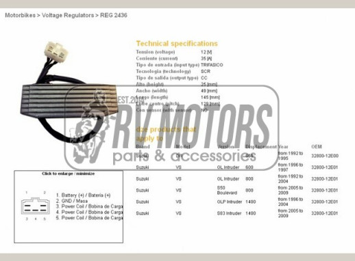 Регулятор напруги SUZUKI DR 650 92-95, VS 600 96-97, VS 800 92-09, VS 1400 96-09 DZE ELEKTRYKA 2436-01