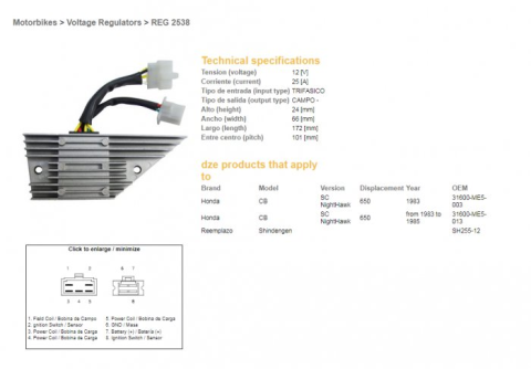 Регулятор напряжения HONDA CB 650SC NIGHTHAWK '83-'85 DZE ELEKTRYKA 2538-01