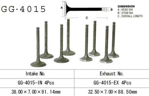 Впускний клапан KAWASAKI KLR650 &#39;87-&#39;09, GPZ 1100 UNITRAK &#39;83-&#39;85, ZN 1100B LTD 84-85 VESRAH GG-4015-IN
