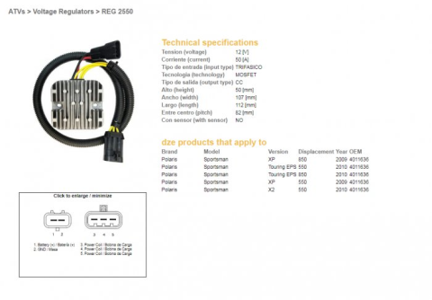 Регулятор напряжения POLARIS SPORTSMAN 550 '09-'10, 850 '09-'10 (Mosfet 50A) DZE ELEKTRYKA 2550-01