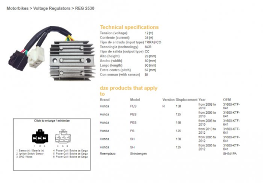 Регулятор напруги HONDA SH 125/150 &#39;05-12 12V/35A DZE ELEKTRYKA 2530-01