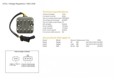 Регулятор напряжения POLARIS RANGER 900 XP/CREW/60 '13-'15 (Mosfet 50A) DZE ELEKTRYKA 2536-01