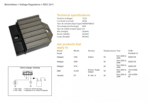Регулятор напряжения YAMAHA DT 50 R/SM/X '03-'06, MBK 50, MALAGUTI XSM 50 DZE ELEKTRYKA 2411-01