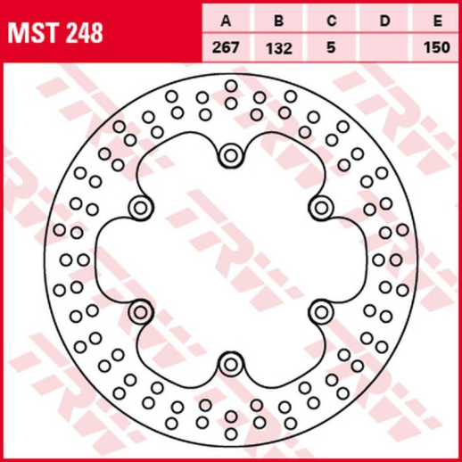 Тормозной диск передний YAMAHA SR 125 '96-'03, SRX 600 '86-'95, XJ 600 '83-'91, XJ 900 '83-'94, задний YAMAHA TDM 900 '11-'14, XJ 900 '85-'03, FZR 1000 '87-'95, FZS 1000 FAZER '01-'05, XJR 1200/1300 '96-'16, MT-01 '05-'12 (267X132X5MM) TRW LUCAS MST248