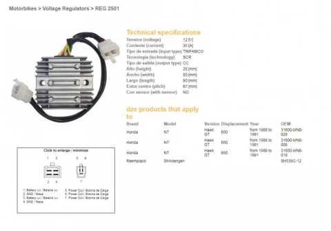 Регулятор напряжения HONDA NTV650 '88-91 12V/35A DZE ELEKTRYKA 2501-01