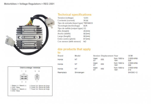 Регулятор напруги HONDA NTV650 &#39;88-91 12V/35A DZE ELEKTRYKA 2501-01