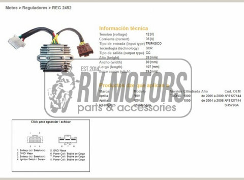 Регулятор напряжения APRILIA RSV1000 04-08, TUONO 1000 06-09  DZE ELEKTRYKA 2492-01