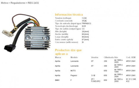 Регулятор напряжения BMW F650 93-00, APRILIA PEGASO 650 96-04 DZE ELEKTRYKA 2432-01