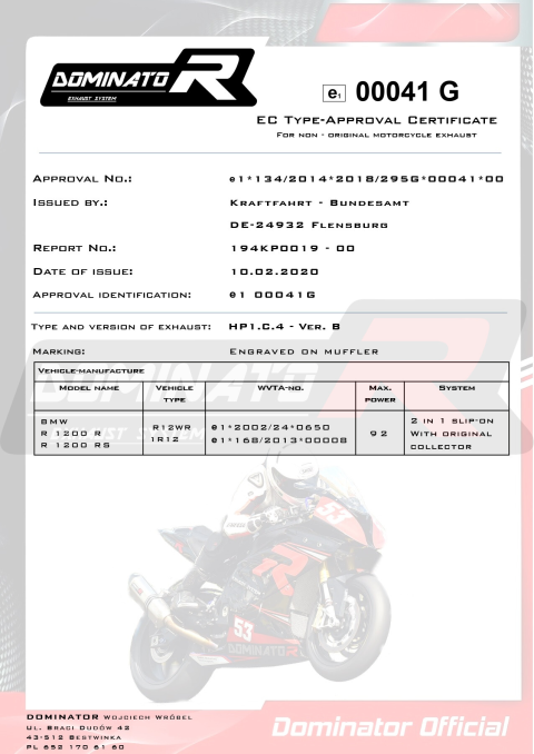 Прямоток DOMINATOR BMW R1200RS HP1 2015 - 2018