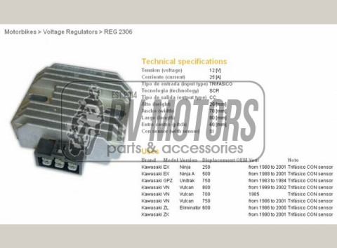 Регулятор напряжения KAWASAKI VN750/800, GPZ750 UNITRAK, ZL600,GPZ500S DZE ELEKTRYKA 2306-01