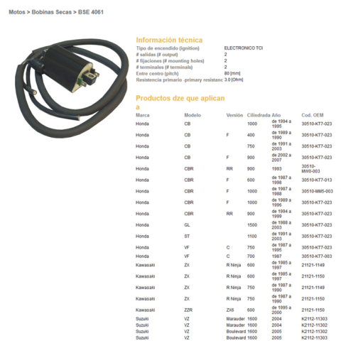Катушка зажигания HONDA CB/CBR600,900,1000, GL1500, VF750, ST1100, KAWASAKI ZX6R, GPZ600R, GPX600R (3,0 OHM) DZE ELEKTRYKA 4061-01 (30510-KT7-023)
