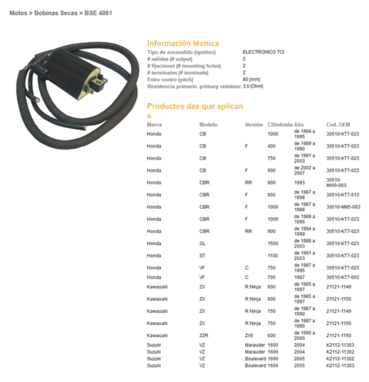 Котушка запалювання HONDA CB/CBR600,900,1000, GL1500, VF750, ST1100, KAWASAKI ZX6R, GPZ600R, GPX600R (3,0 OHM) DZE ELEKTRYKA 4061-03 (305