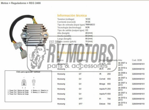 Регулятор напруги HYOSUNG GT250 08-13, GT650 07-13, GV650 07-13, ST700 10-13 DZE ELEKTRYKA 2466-01