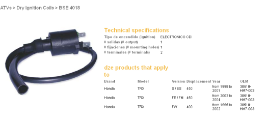 Котушка запалювання HONDA TRX400FW 95-03, TRX450S/ES/FW/FM/FE DZE ELEKTRYKA 4018-01 (30510-HM7-003) (VIC-14605)