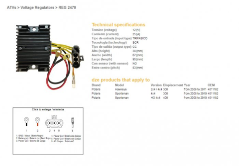 Регулятор напряжения POLARIS SPORTSMAN 300/400 '08-'10, HAWKAYE 300 '06-'11 DZE ELEKTRYKA 2470-01