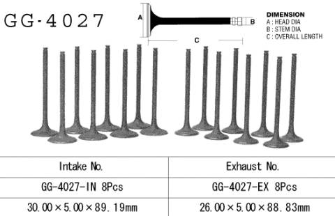 Клапан впускной KAWASAKI ZX10 '88-'90 (ZX1000B1-B3) (30,0 X 5,0 X 88,83 MM) VESRAH GG-4027-IN