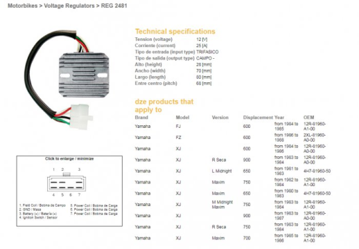 Регулятор напруги YAMAHA XJ 550/600/650/750/900 &#39;80-&#39;89 DZE ELEKTRYKA 2481-01