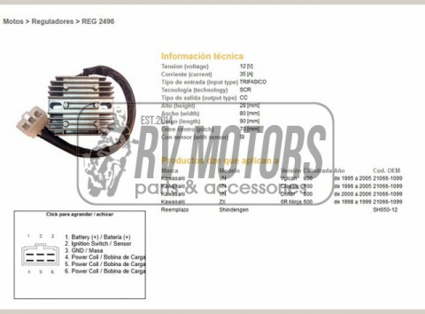 Регулятор напряжения KAWASAKI VN800 95-05, CLASSIC 96-05, DRIFTER 00-06, ZX6R 98-99 DZE ELEKTRYKA 2496-01