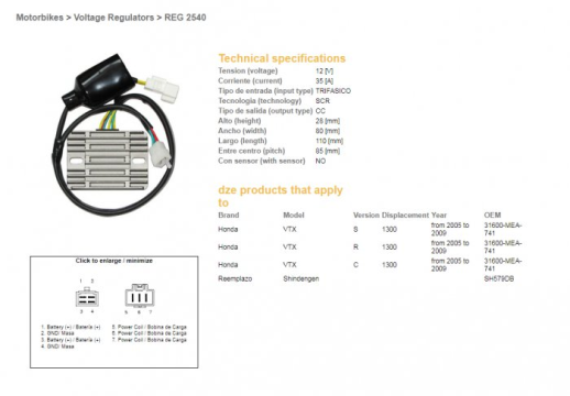 Регулятор напруги HONDA VTX 1300 S/R/C &#39;05-&#39;09 DZE ELEKTRYKA 2540-01