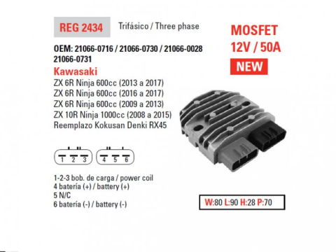 Регулятор напряжения KAWASAKI ZX6R '09-'17, ZX10R '08-'15 12V50A DZE ELEKTRYKA 2434-01