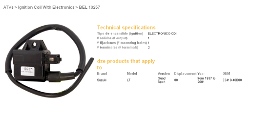 Котушка запалювання SUZUKI LT80 QUAD SPORT &#39;87-&#39;01 DZE ELEKTRYKA 10257-01 (33410-40B00)