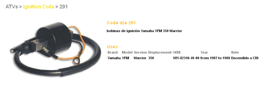 Котушка запалювання YAMAHA YFM 350 WARRIOR DZE ELEKTRYKA 291-01 (1UY-82310-41-00)