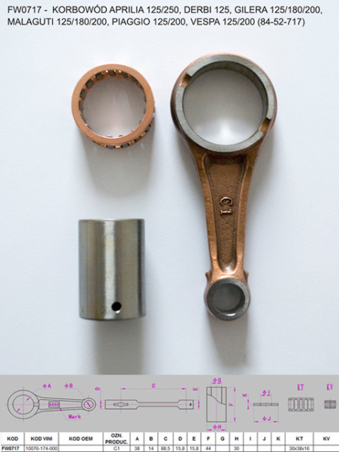 Шатун APRILIA 125/250, DERBI 125, GILERA 125/180/200, MALAGUTI 125/180/200, PIAGGIO 125/200, VESPA 125/200 FLYWAY FW0717