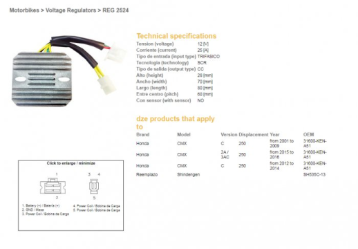 Регулятор напруги HONDA CMX250C &#39;01-&#39;14 DZE ELEKTRYKA 2524-01