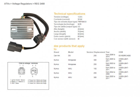 Регулятор напряжения KYMCO MXU 150/250/300 '04-'11, CAN AM DS 250 '06-'15 (12V35A) DZE ELEKTRYKA 2468-01