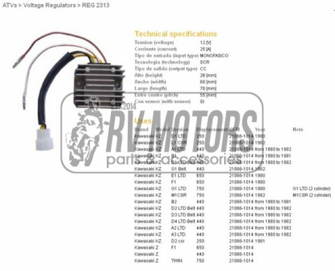 Регулятор напряжения KAWASAKI KZ250/440/650, KZ750LTD TWIN 80-82 DZE ELEKTRYKA 2313-01