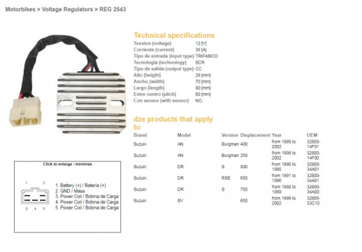 Регулятор напруги SUZUKI AN/250/400 '99-'02, DR 650 RSE '91-'96, DR 750/800S '88-'95, SV 650 '99-'02 (12V35A) DZE ELEKTRYKA 25