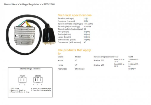 Регулятор напруги HONDA VT 750C SHADOW &#39;10-&#39;18 (12V50A) DZE ELEKTRYKA 2546-01