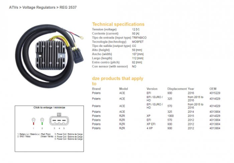 Регулятор напряжения POLARIS ACE 325 EFI '14-'16, 570 EFI '15-'16, 900 '16, RZR 570/900 '12, RZR 1000 EFI '15 (12V50A) DZE ELEKTRYKA 2537-01