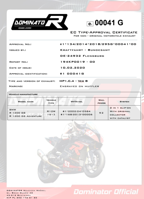 Прямоток DOMINATOR BMW R1200GS HP1 2013 - 2018