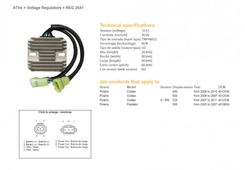 Регулятор напряжения POLARIS PREDATOR 500 '03-'07, OUTLAW 400/500/525 '06-'11 (12V35A) DZE ELEKTRYKA 2541-01