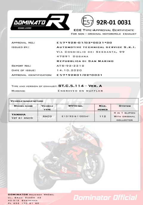 Прямоток DOMINATOR YAMAHA YZF R1 1000 RN09 2002 - 2003 круглый