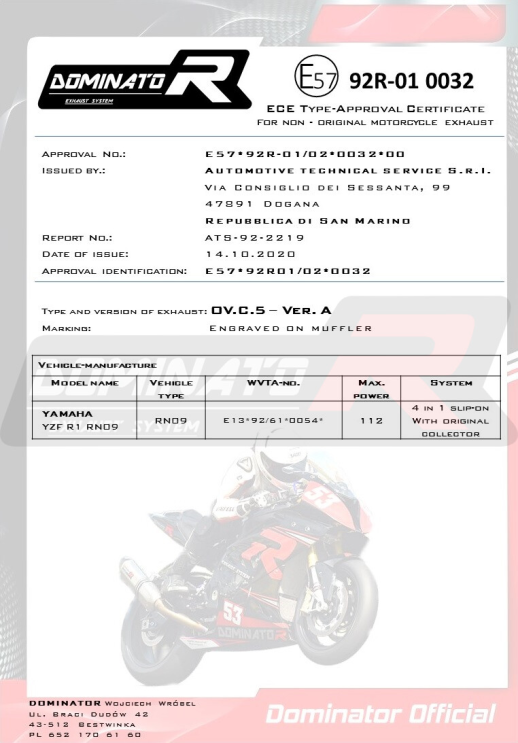 Прямоток DOMINATOR YAMAHA YZF R1 1000 RN09 2002 - 2003 овальний