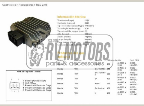 Регулятор напряжения HONDA TRX400 EX SPORTRAX 99-09, TRX250 RECON 97-11, SPORTRAX 01-08 DZE ELEKTRYKA 2375-01